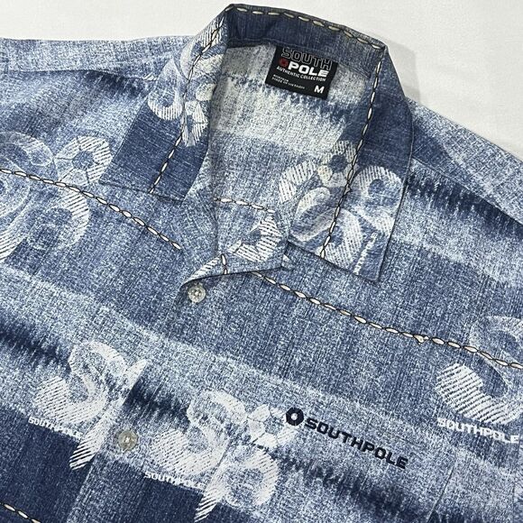 Vintage Y2K South Pole Men Logo Blue Short Sleeve‎ Hawaiian Shirt Size Medium - Picture 1 of 8